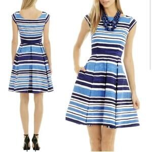 Kate Spade Mariella Dress Blue White Fit Flare Short Sleeve Round Neck Pockets 0
